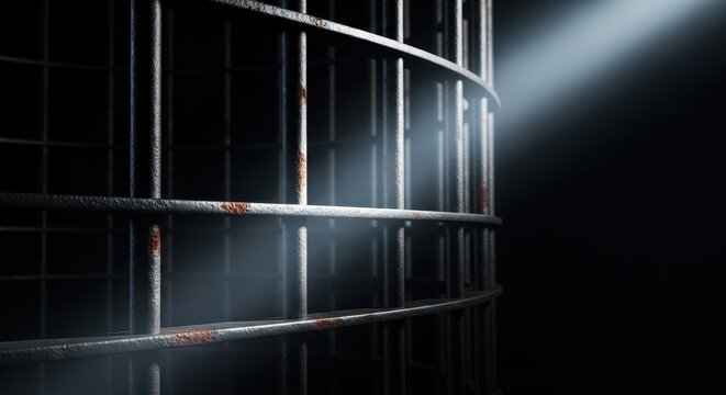 Close-up view of strong metal cage bars shrouded in deep shadow, emphasizing isolation, confinement, and a sinister, foreboding atmosphere, isolation, shadow, ominous