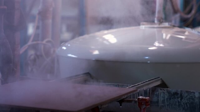 Close up of ceramic tile entering glazing process on industrial conveyor