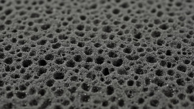 Macro close-up of gray porous foam texture. Detailed cellular structure of synthetic sponge material. Abstract industrial background