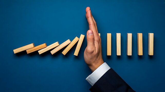 Hand stopping falling domino blocks representing risk prevention and business protection