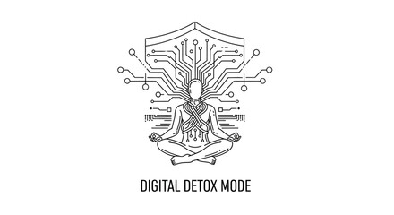Fototapeta premium Conceptual illustration of digital detox mode featuring a person meditating with circuit board patterns.