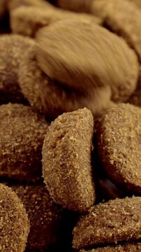 Brown kibble pieces of dry dog food falling down close up, vertical video