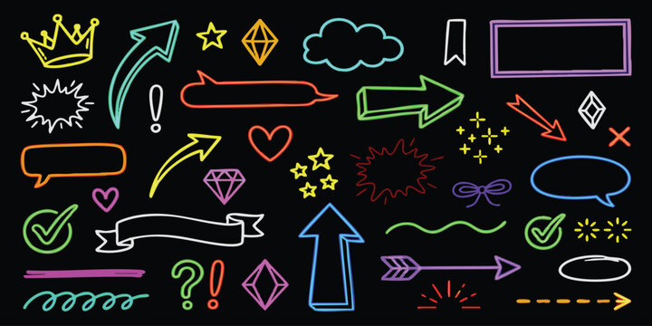 Set of hand drawn neon glowing doodles elements for creative digital design