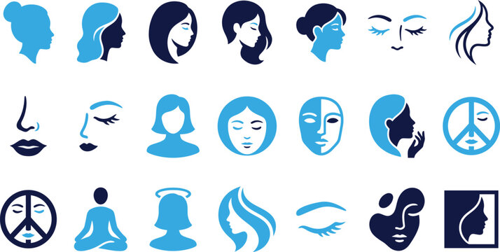 Set of blue female faces and silhouettes icons in different styles.