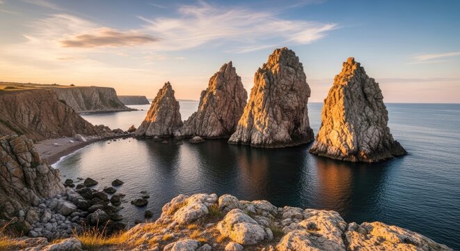 Dramatic rock formations rising from the sea under a golden sunset sky Keywords: sea, ocean, coast, rock formations