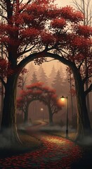 Fototapeta premium Enchanting autumn forest path illuminated by vintage lamppost vibrant red leaves carpeting the ground under arching trees