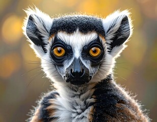Naklejka premium Lemur face portrait. Bright amber eyes contrast with black/white striped fur. Nature scene blurs in background