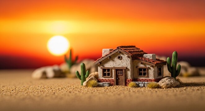Photorealistic desert dwelling bathed in the warm glow of a vast golden sunset