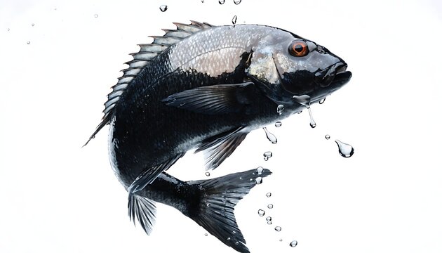 Flying black seabream With shadow cut out isolated on white background. AI GENERATED.