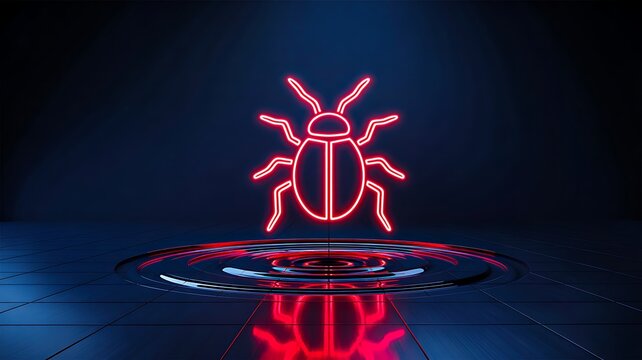 Glowing neon bug icon representing cybersecurity threat and digital virus concept