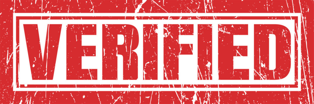 Verified text stamp in red grunge style with weathered details and white rectangular frame.