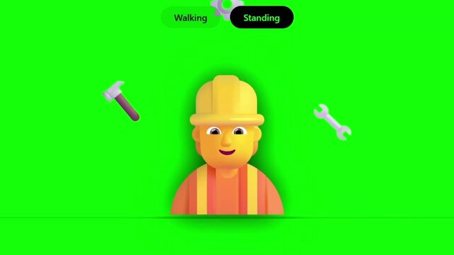 Construction worker 3D character animation, builder avatar with hard hat and tools on green screen, industrial worker walking and standing