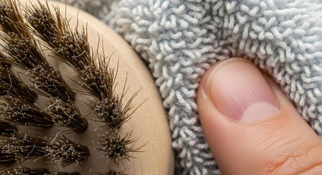 Close-up shot of a natural bristle beard brush next to a soft, grey terrycloth towel, highlighting textures and grooming essentials.