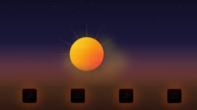 Minimalist sun animation with glowing icons, flat design weather interface, abstract sunset background with celestial elements