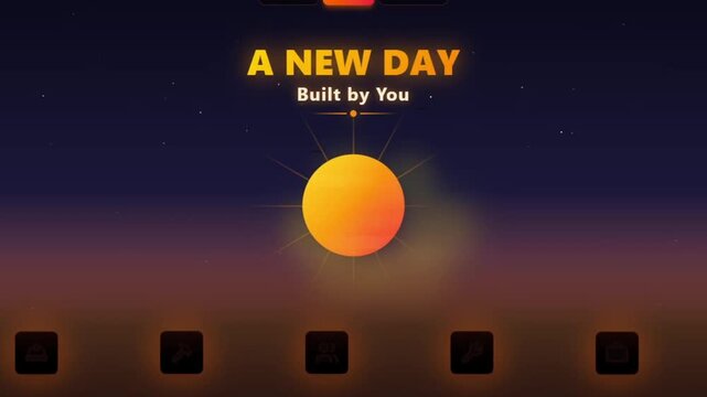 Minimalist sunrise animation with A New Day text, glowing sun icon on dark gradient background, motivational morning concept video