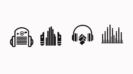 Naklejka premium Collection of four minimalist black and white icons representing audio technology and music elements