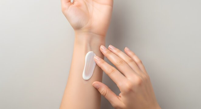 A person's hands gently apply a rich, white moisturizing cream to their forearm, highlighting self-care and skin health.