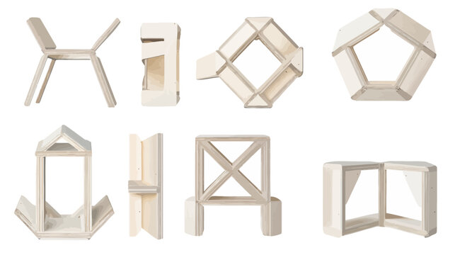 A digitally rendered image of several geometric objects in neutral color, various perspectives shown