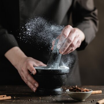Chef versant poudre blanche d&rsquo;un mortier avec &eacute;pices sur table