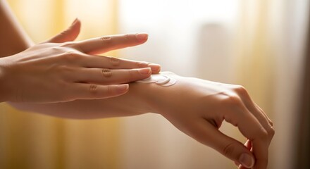 Naklejka premium A woman's delicate hands are shown in a close-up, applying a rich, white moisturizing cream to her skin, emphasizing self-care and beauty.