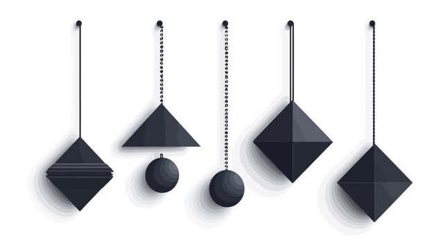 Stylized, minimalist illustrations of geometric shapes, suspended by chains and cords on white backdrop