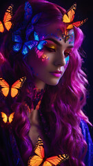Fototapeta premium A girl with butterflies in neon light