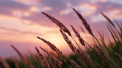 Naklejka premium Close up view of delicate grass stalks silhouetted against a richly colored sunset sky capturing a moment of natural peace