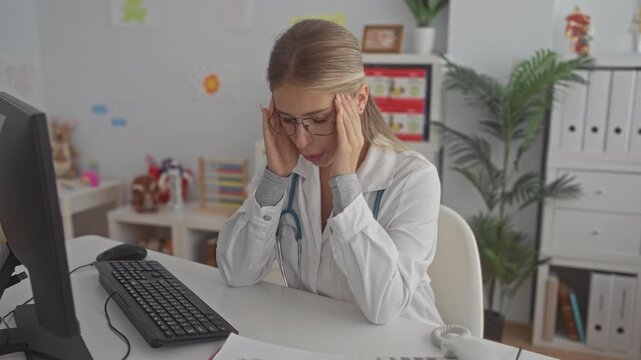 Woman doctor removes glasses and rubs eyes in medical building at desk with computer and stethoscope; fatigue compassion.