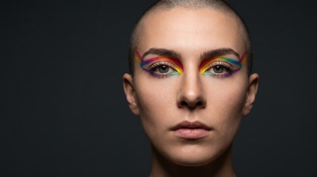 A woman with shaved head and vibrant rainbow eyeshadow gazes forward with intense focus in a dimly lit studio environment.