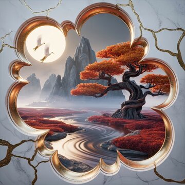 A surreal cloud-shaped window revealing a red autumn tree by a river with mountains and a full moon