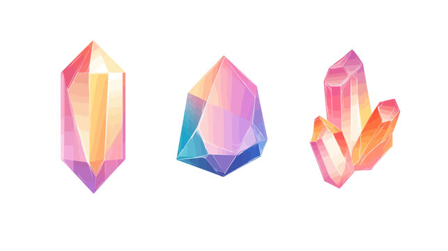 Watercolor illustration of three colorful crystal formations on white background. Different shapes & colors