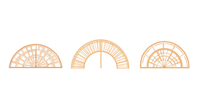 Three orange-toned stylized illustrations of arched architectural windows or openings, on white background