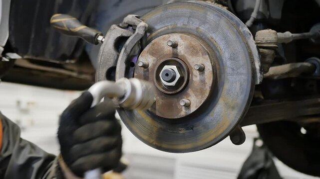 Auto mechanic uses ring spanner with long breaker bar to tighten hub lock nut of front hub. Force required to secure front hub of SUV. Auto repair worker fixes suspension.
