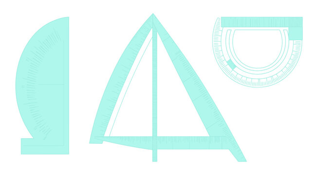 A collection of light blue transparent geometry tools, including protractors and a triangle