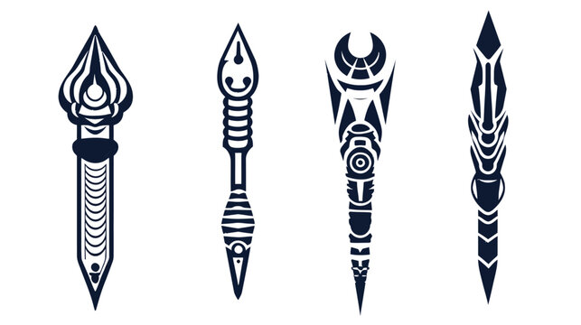 Four stylized abstract vertical graphic spear designs with intricate shapes and details in dark blue