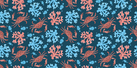 Obraz premium Seamless nautical pattern with crabs, corals and bubbles on blue background. Detailed patterned crabs surrounded by blue and pink corals. Perfect for textiles, packaging, wallpapers and summer decor.