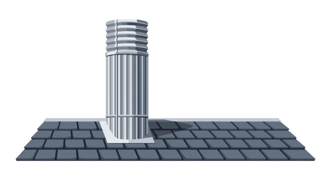 A sturdy corrugated silver metal chimney flue pipe rises vertically from a section of dark grey asphalt roof shingles under bright and even lighting.