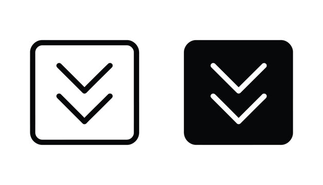 Double downward arrow icon set featuring outline and solid styles for user interface design and navigation elements