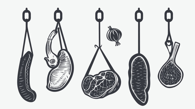 Black and white illustration depicting various cuts of meat hanging from chains