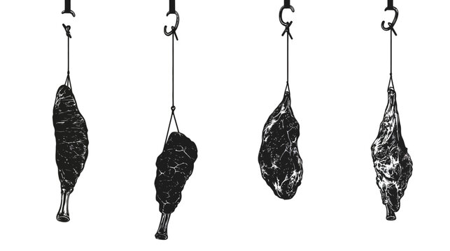 Four cuts of meat, hanging from hooks. Rendered in grayscale. High contrast illustration style