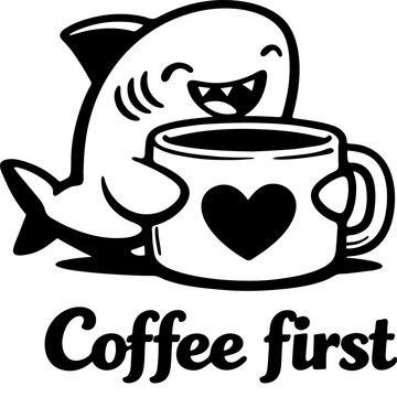 Cute cartoon shark hugging a coffee mug with heart icon and Coffee first text in a clean black and white vector style. Perfect for mugs, stickers, and morning themed merch.