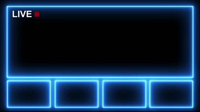 Glowing blue neon border frames a live streaming interface with four empty boxes below on a black background