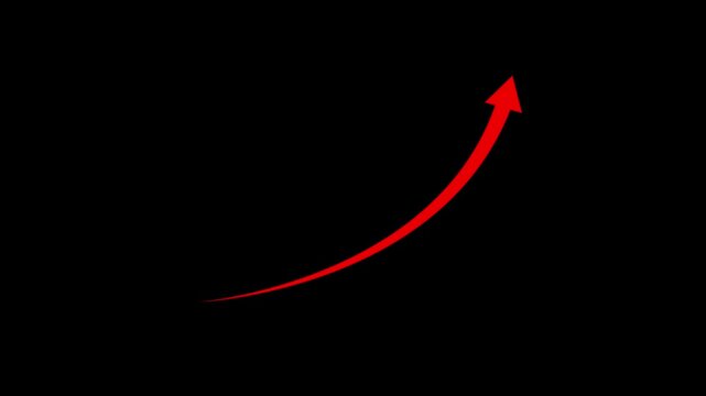 A vibrant red arrow arcs dynamically upwards on a deep black canvas, representing powerful growth and a strong upward trajectory in a bold visual