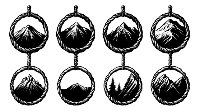 Eight stylized, ink-drawn mountain landscapes, framed in rope circles, suspended vertically