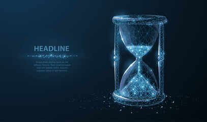 Sandglass. Low poly wireframe sandglass looks like constellation on dark blue background with dots and stars. Time, countdown, deadline concept illustration or background © NeonGridStudio