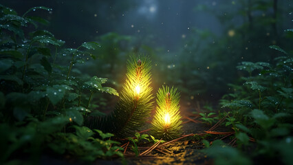 Fototapeta premium Enchanting forest fireflies a stunning green nature background for serene visuals
