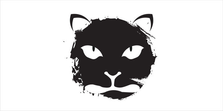 Minimalist black cat face silhouette on white background