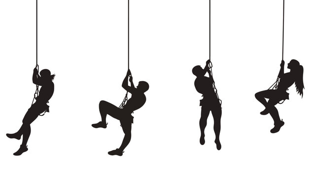 Silhouettes of people climbing ropes. Black figures against a white background, representing physical activity