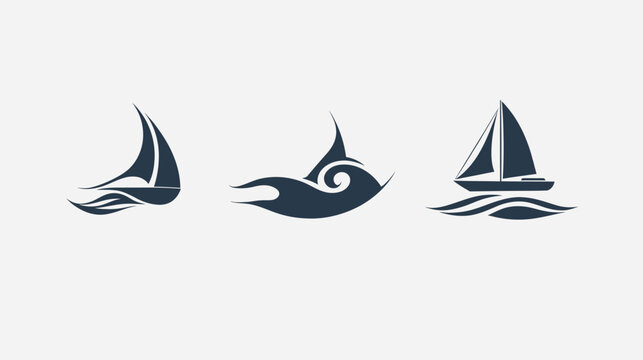 Three simple sailboat illustrations in dark blue against a light gray background, each with different styles