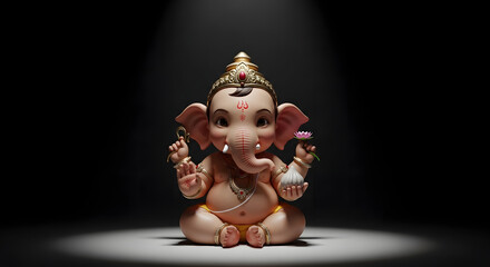 Fototapeta premium Ganesha statue, sitting, with crown and jewelry, on spotlight